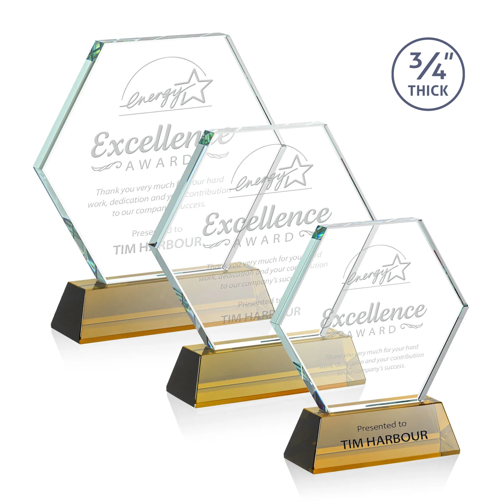 Custom Starfire Crystal Hexagon Award on Tall Tapered Base, awards for retirement presentations
