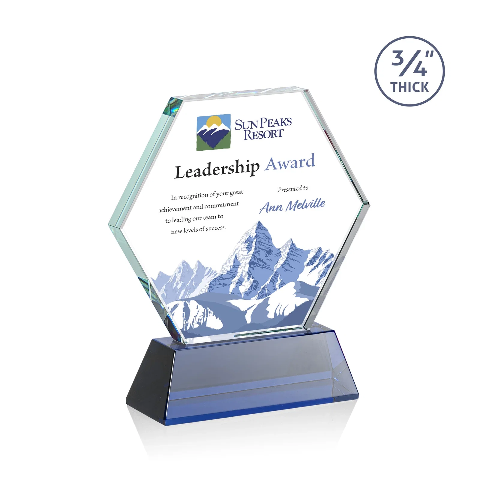 Custom printed Starfire Crystal Hexagon Award on Tall Tapered Base, awards for corporate award ceremonies
