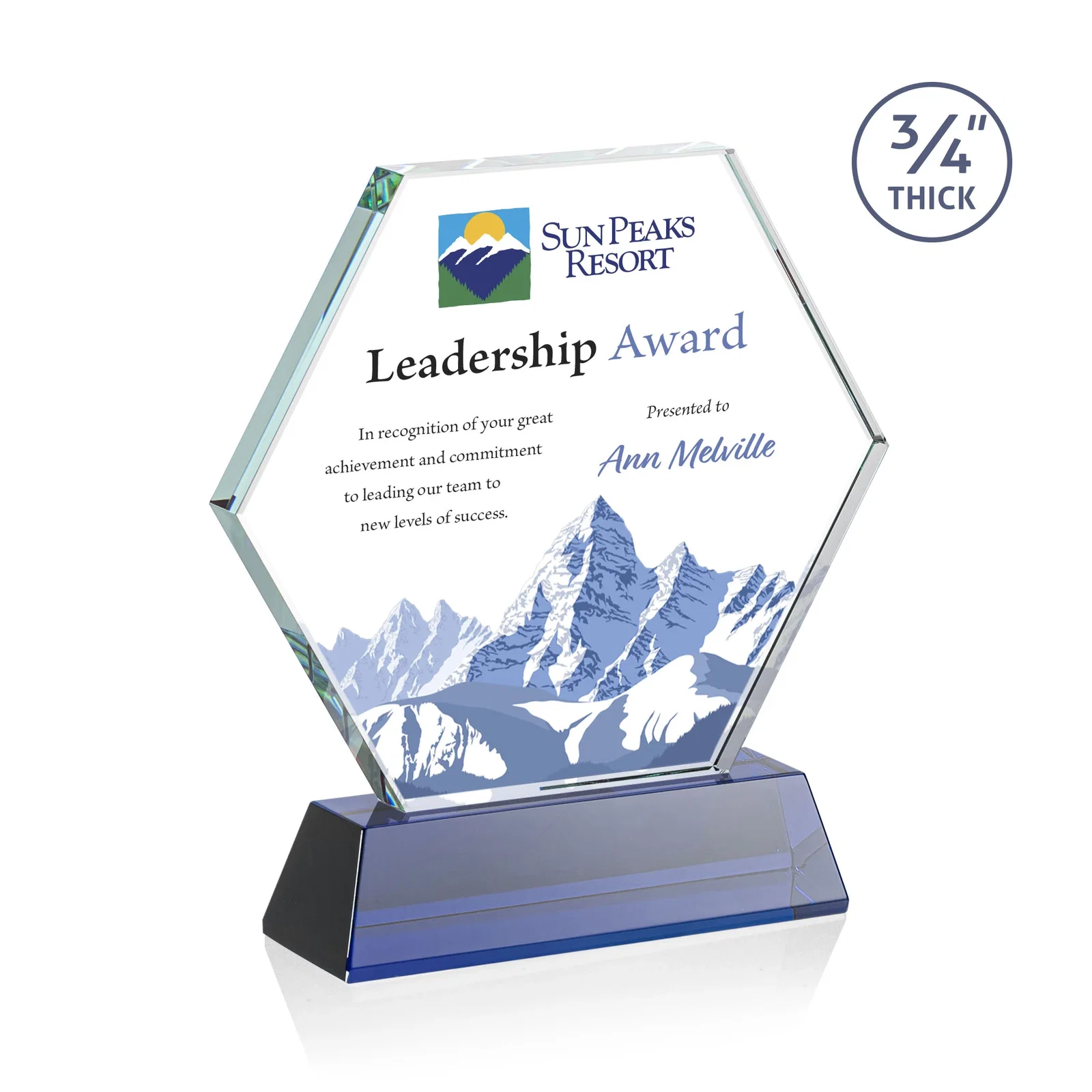 Custom printed Starfire Crystal Hexagon Award on Tall Tapered Base, awards for service anniversary gifts