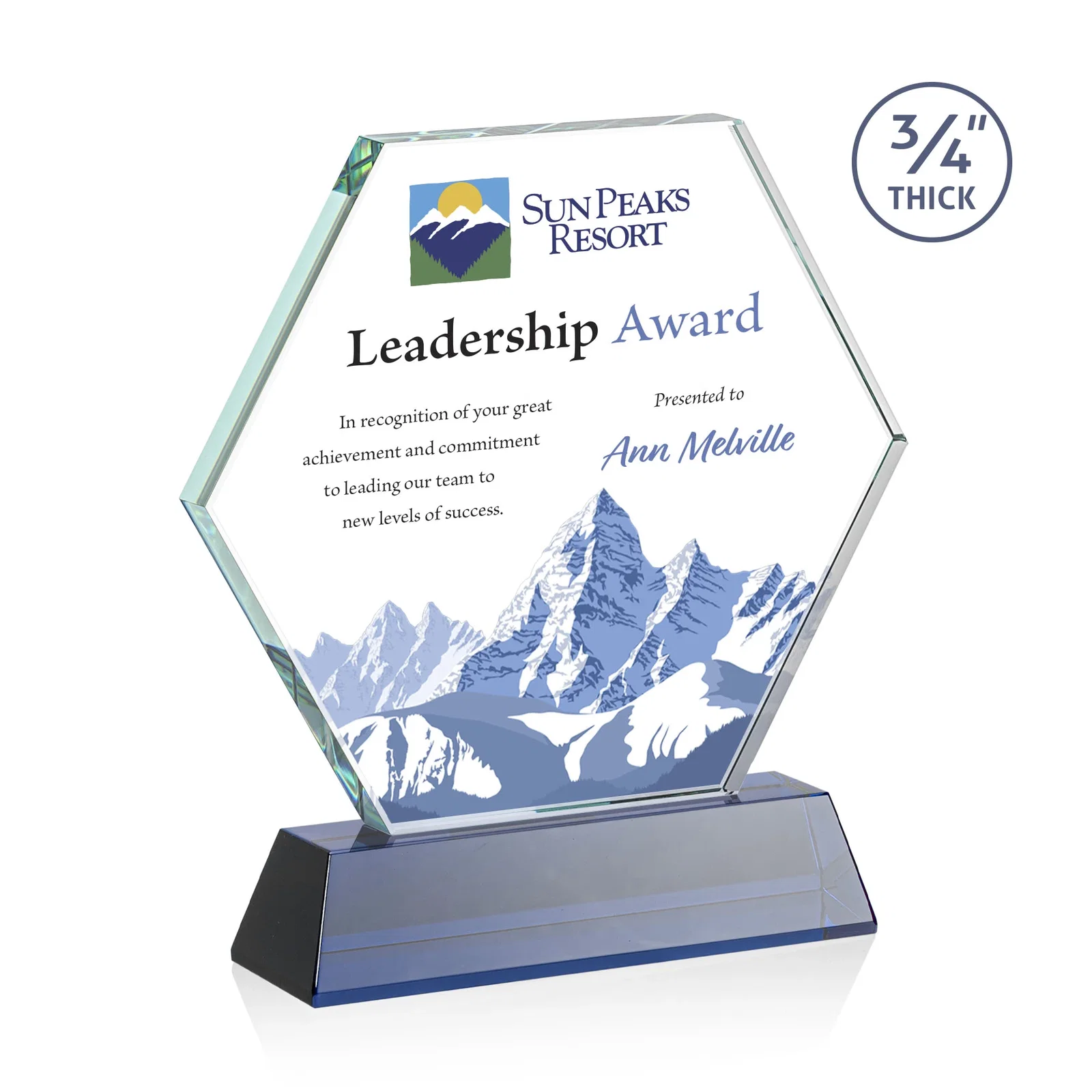 Custom printed Starfire Crystal Hexagon Award on Tall Tapered Base, awards for sales achievement awards