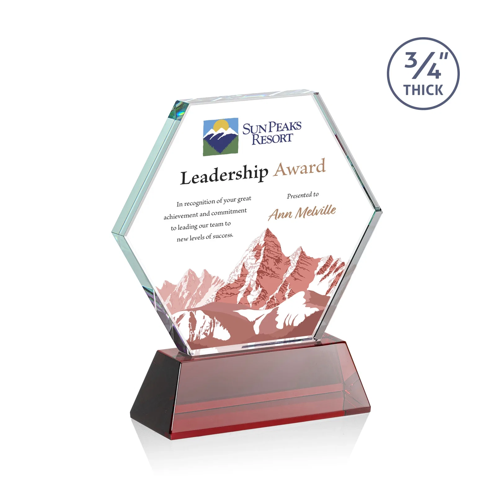 Custom printed Starfire Crystal Hexagon Award on Tall Tapered Base, awards for team milestone celebrations
