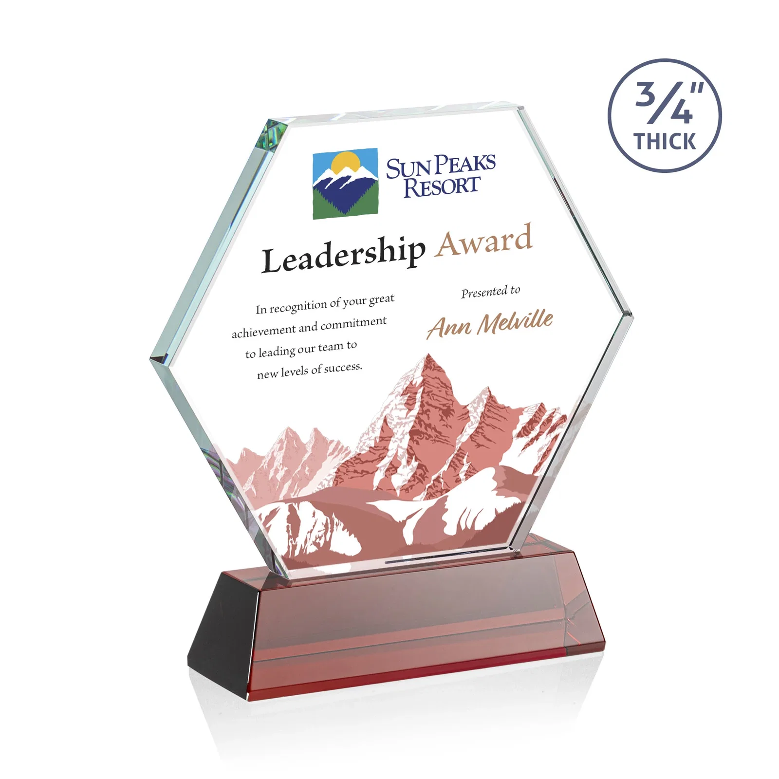 Custom printed Starfire Crystal Hexagon Award on Tall Tapered Base, awards for donor appreciation