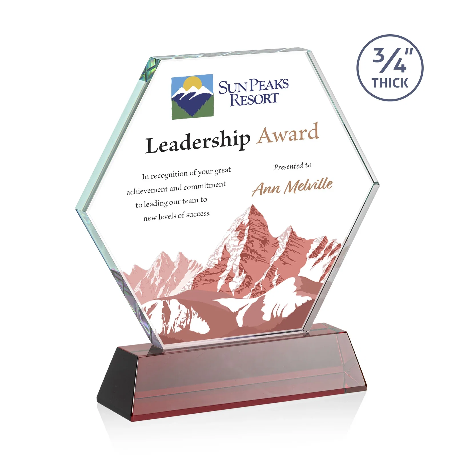 Custom printed Starfire Crystal Hexagon Award on Tall Tapered Base, awards for graduation ceremonies