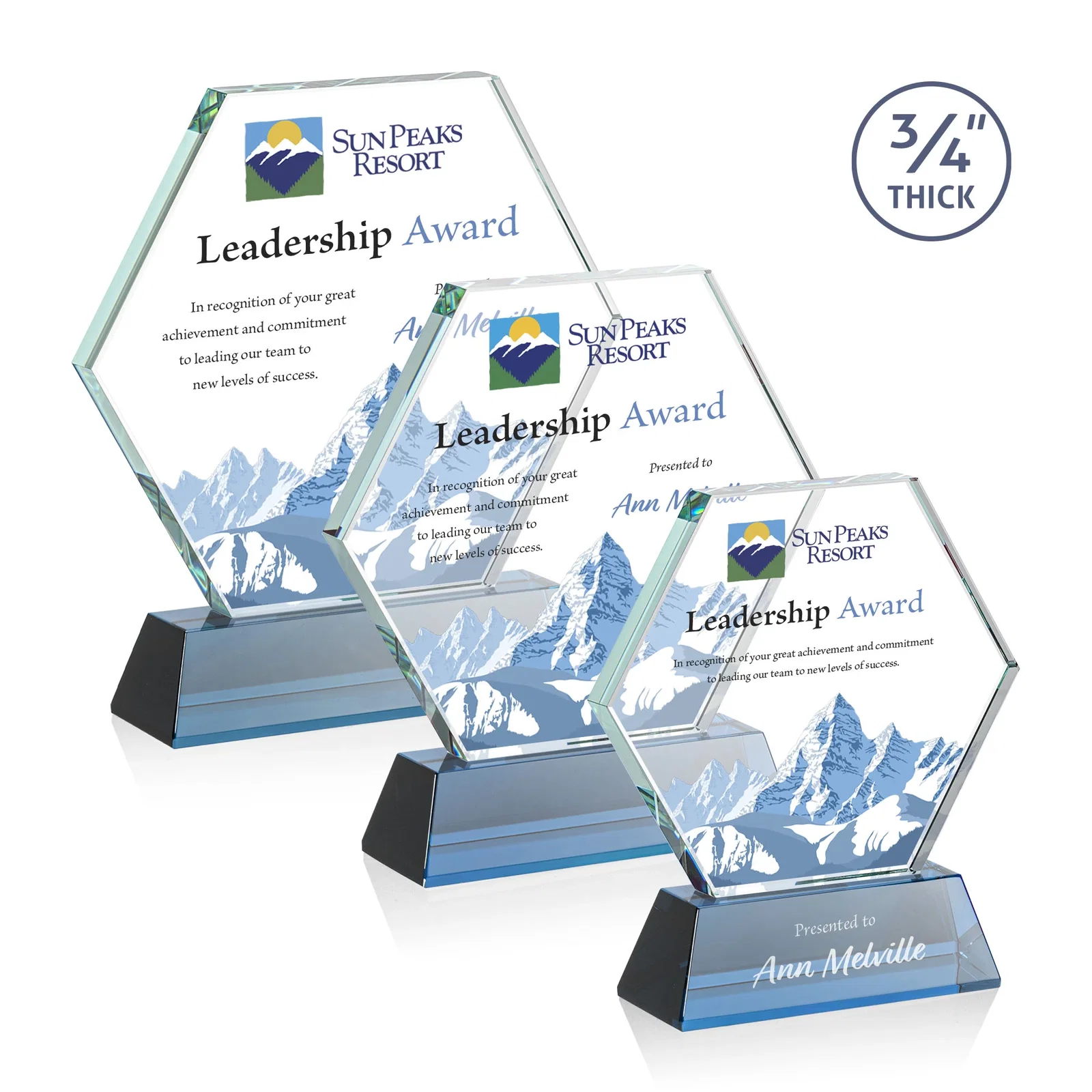 Custom printed Starfire Crystal Hexagon Award on Tall Tapered Base, awards for safety achievement programs