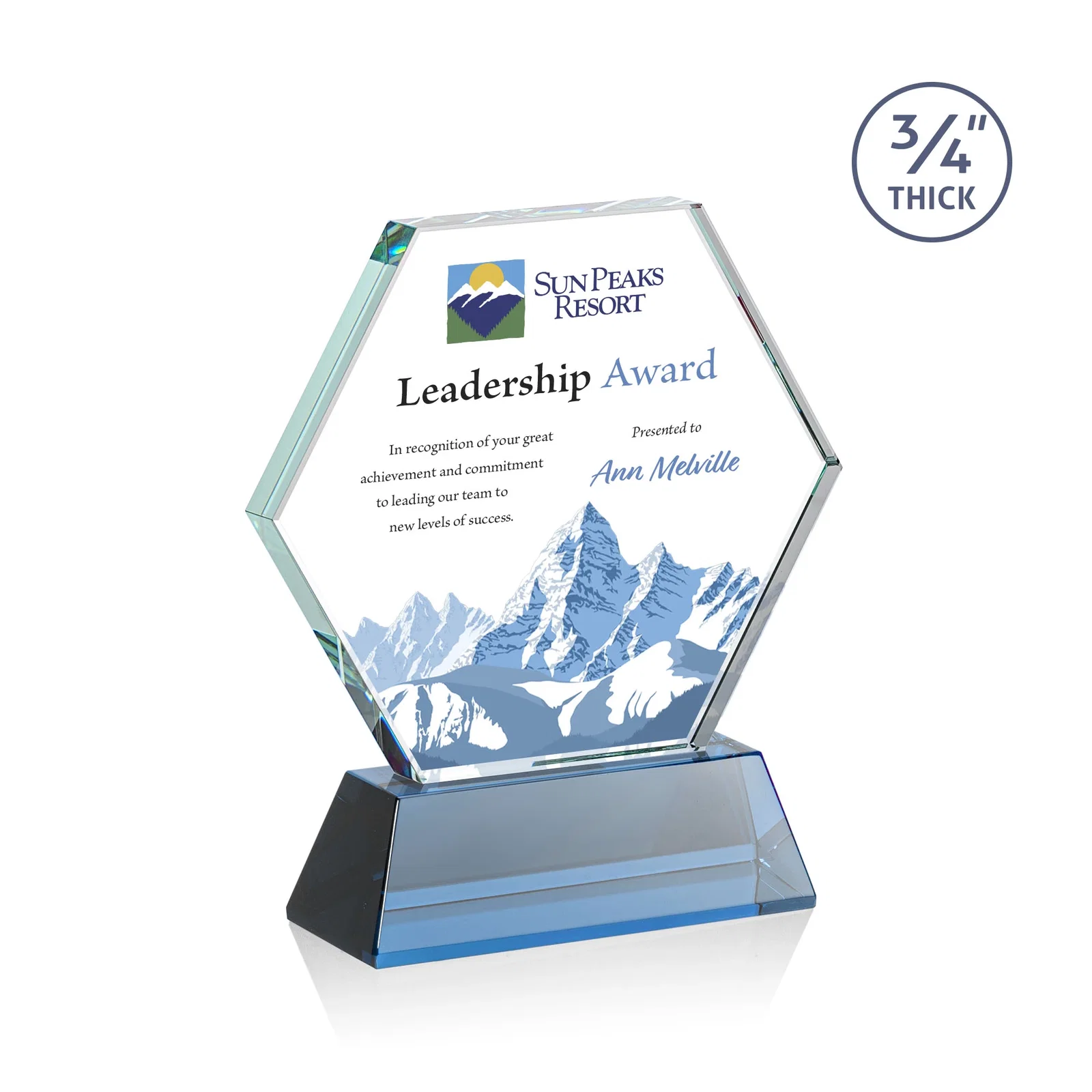 Custom printed Starfire Crystal Hexagon Award on Tall Tapered Base, awards for volunteer appreciation
