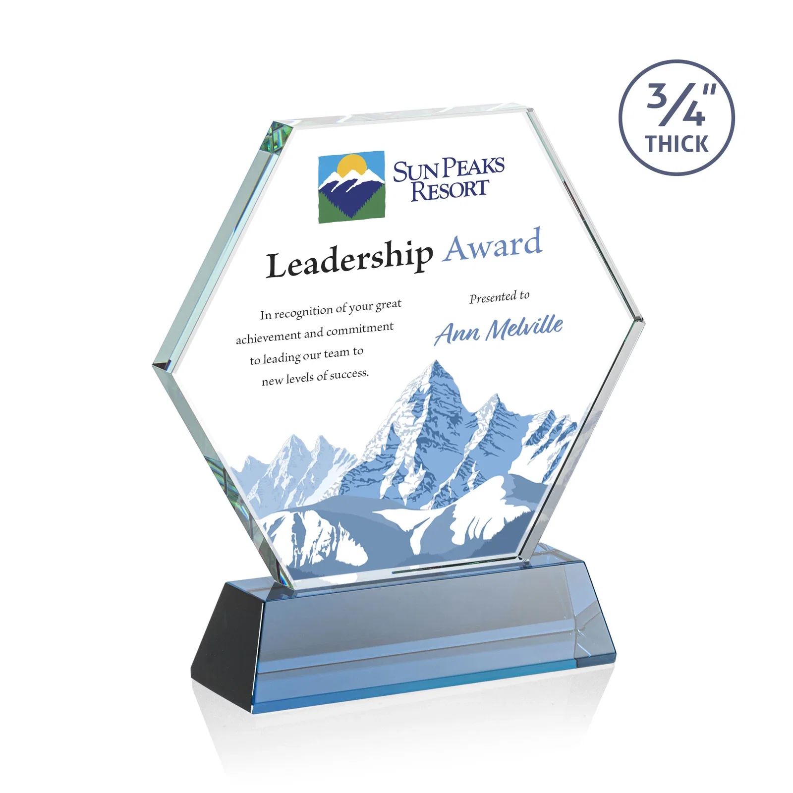 Custom printed Starfire Crystal Hexagon Award on Tall Tapered Base, awards for dealer and partner awards
