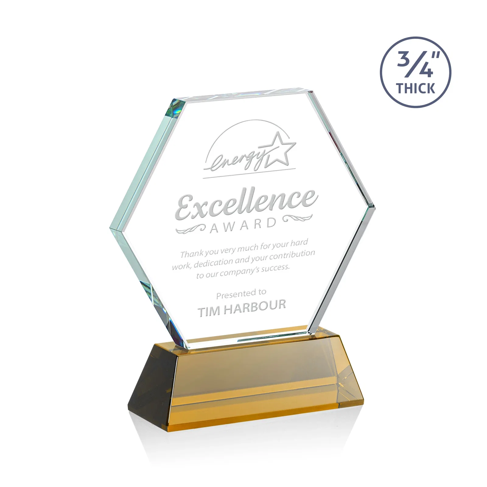Custom Starfire Crystal Hexagon Award on Tall Tapered Base, awards for team milestone celebrations
