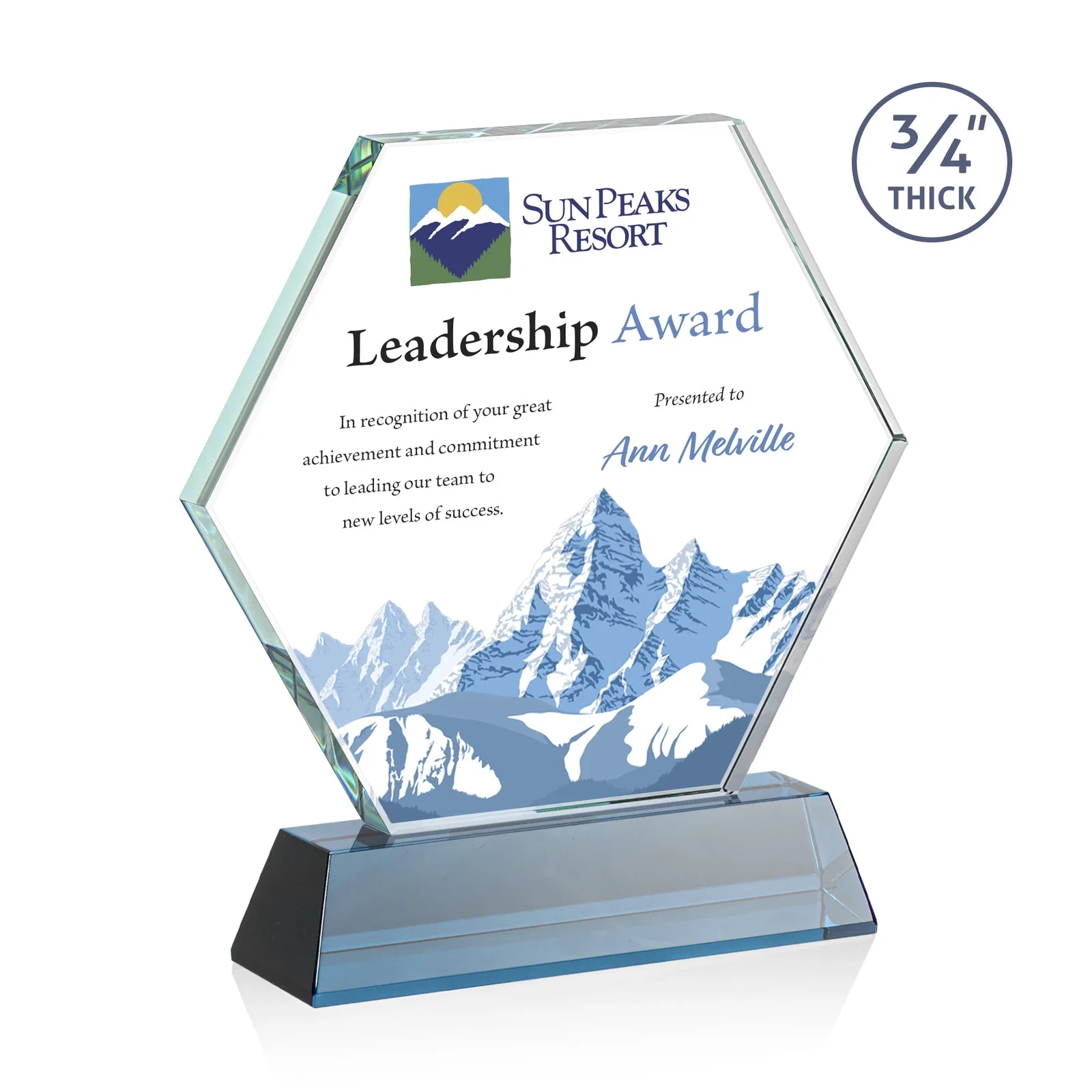 Custom printed Starfire Crystal Hexagon Award on Tall Tapered Base, awards for company anniversary events
