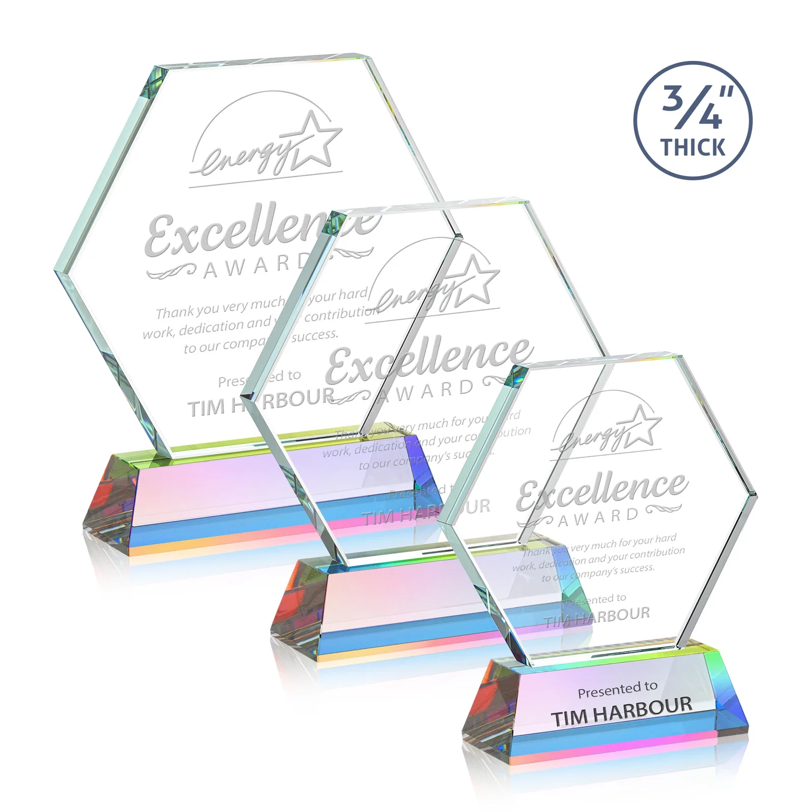 Customized Starfire Crystal Hexagon Award on Tall Tapered Base, awards for retirement presentations