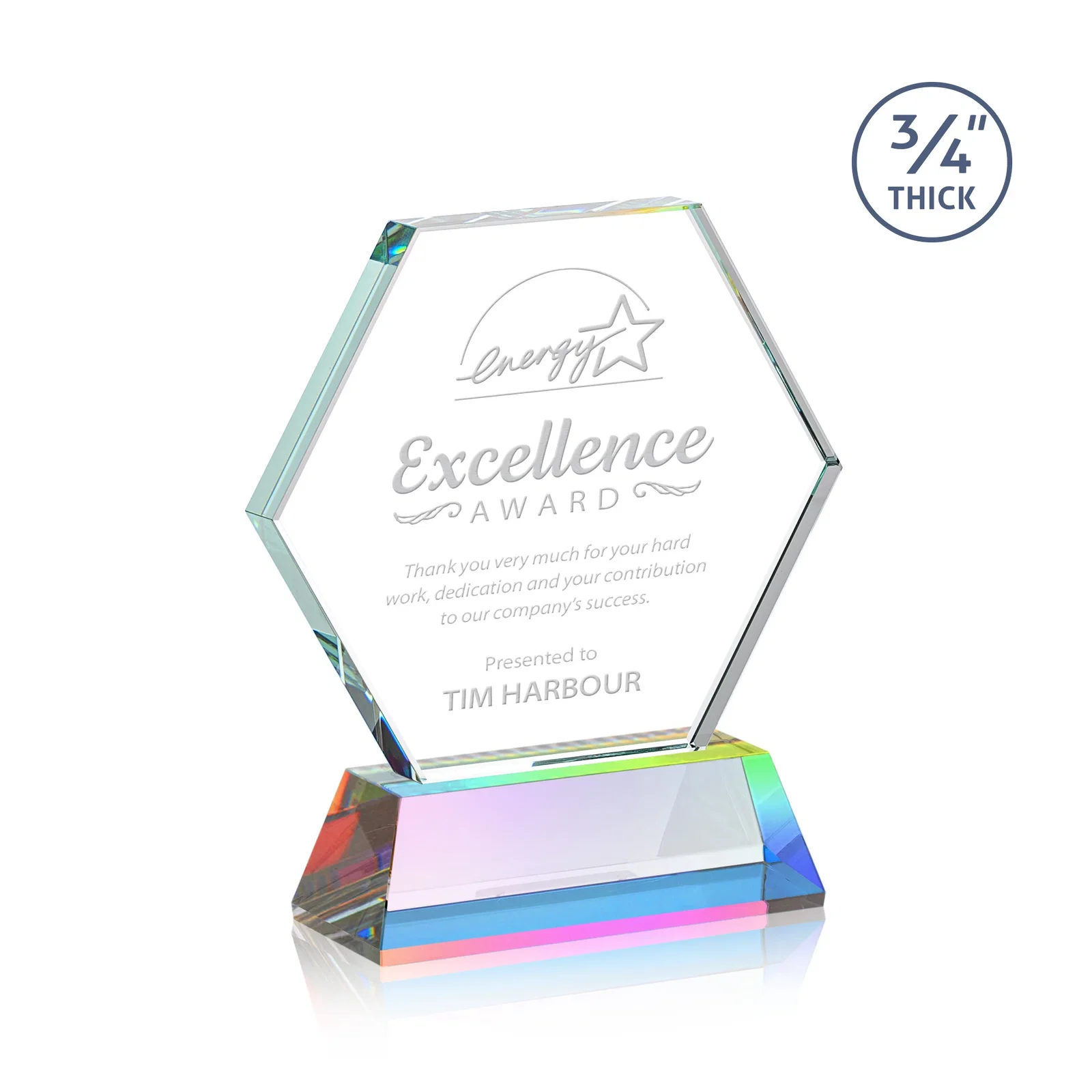 Customized Starfire Crystal Hexagon Award on Tall Tapered Base, awards for team milestone celebrations