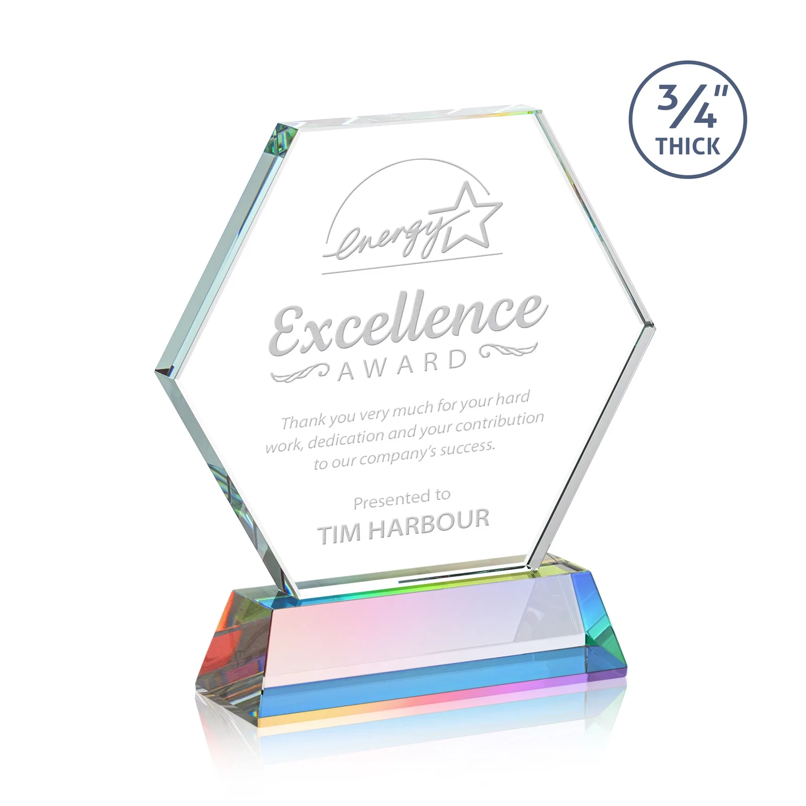 Customized Starfire Crystal Hexagon Award on Tall Tapered Base, awards for donor appreciation