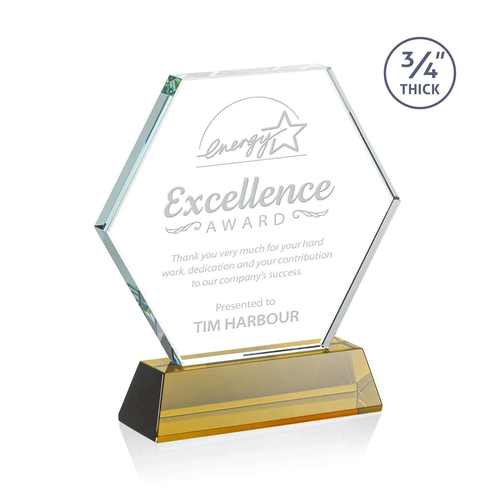 Custom Starfire Crystal Hexagon Award on Tall Tapered Base, awards for donor appreciation