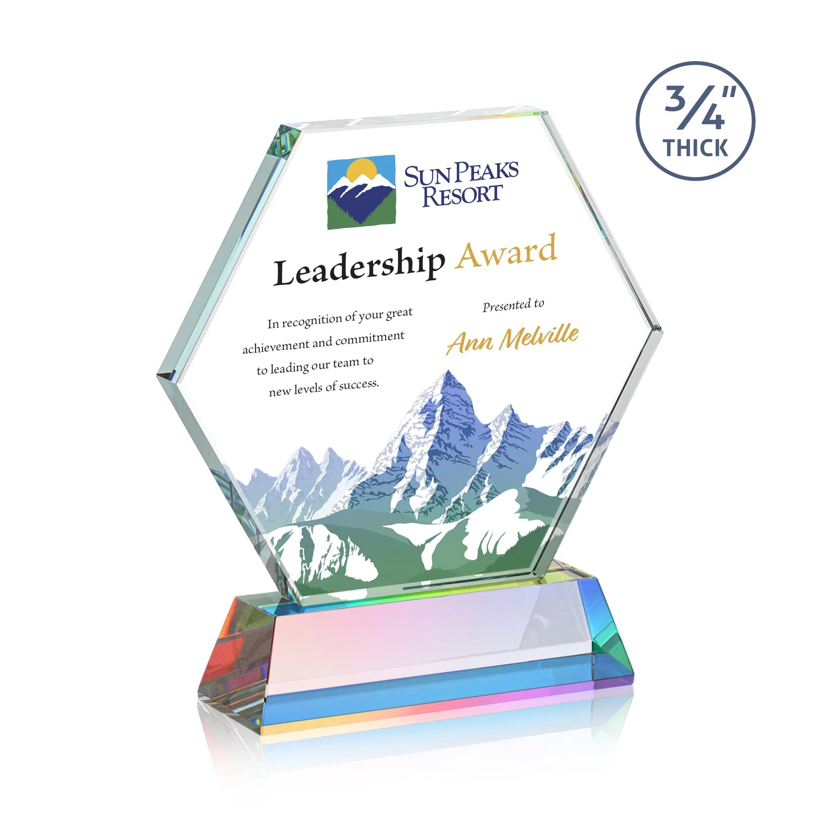 Customized Starfire Crystal Hexagon Award on Tall Tapered Base, awards for dealer and partner awards