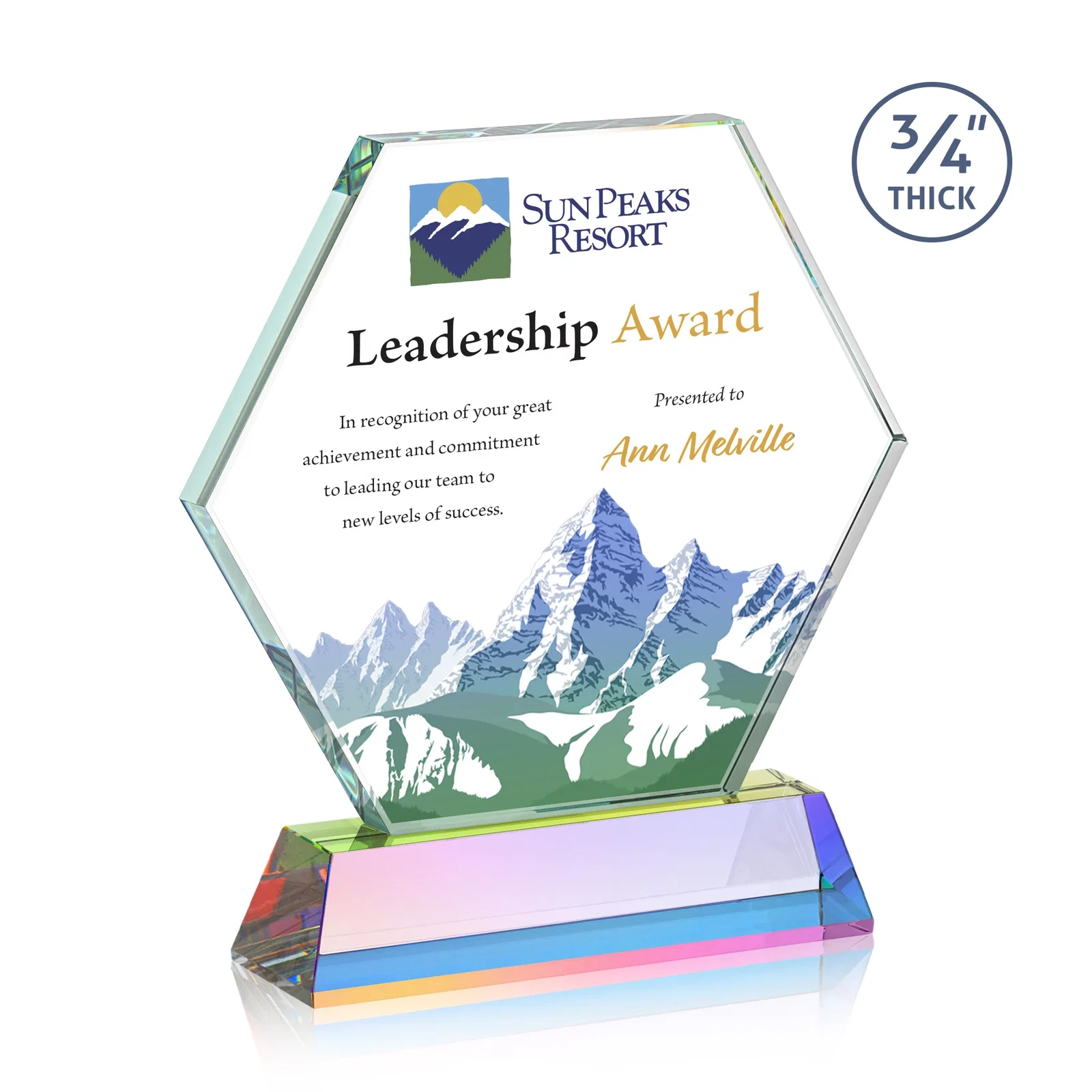 Customized Starfire Crystal Hexagon Award on Tall Tapered Base, awards for company anniversary events