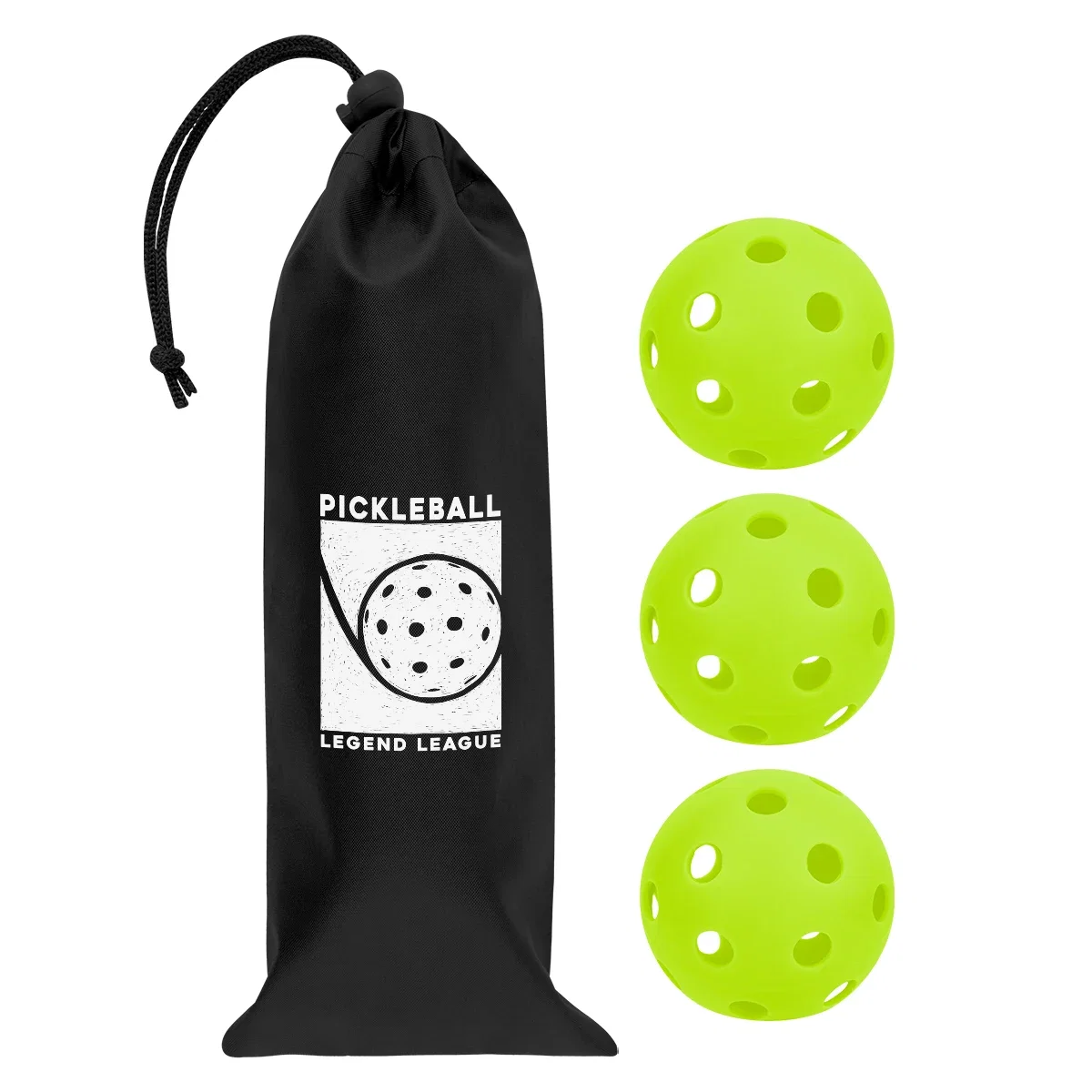 Perforated ball resting in front of its storage sack