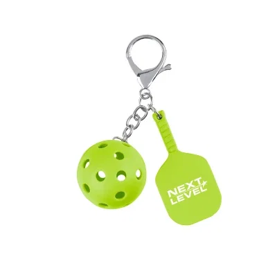 Miniature pickleball paddle keychain in lime green with split ring
