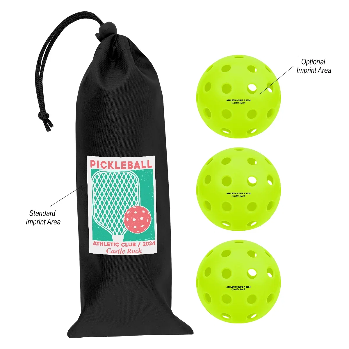 Lime green balls shown beside the closed carry bag