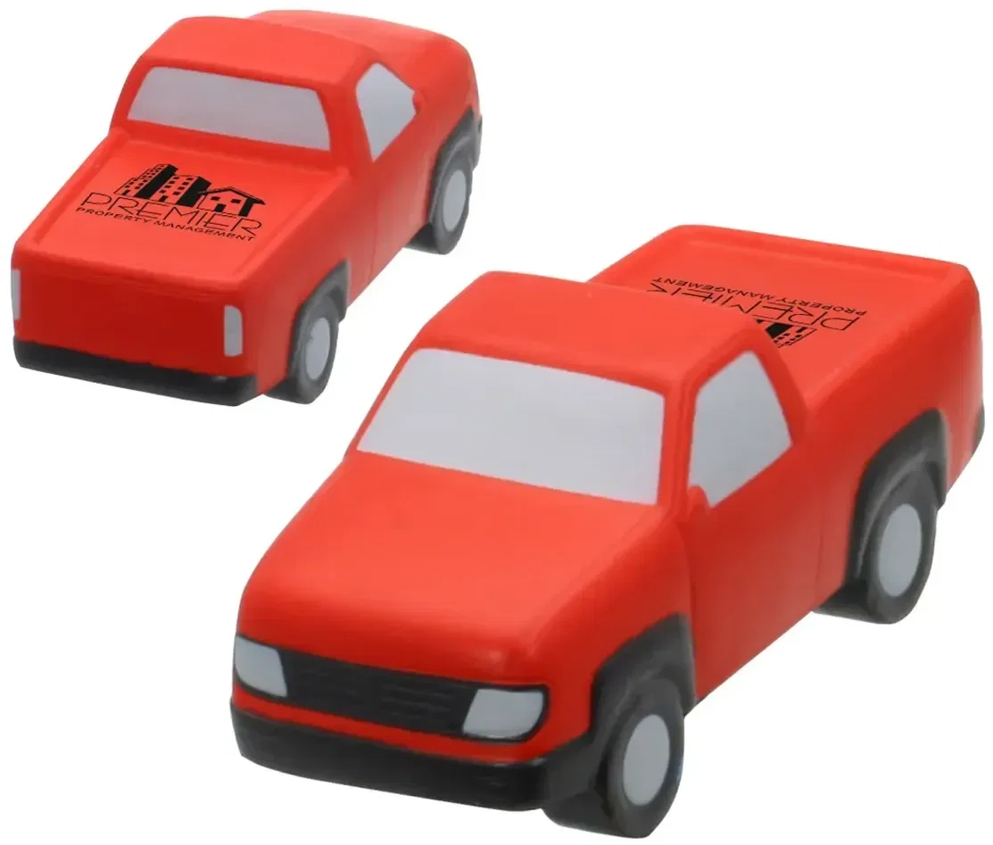 Pickup truck-shaped custom stress reliever squeeze toy with logo imprint, front view