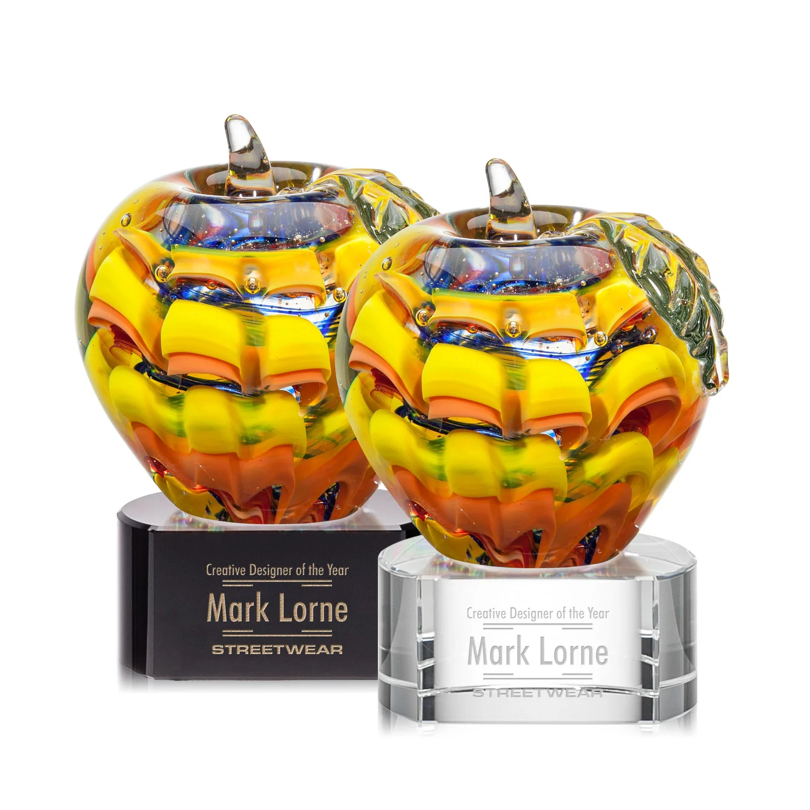 Custom Orange and Yellow Frosted Glass Apple Award on Optical Base for employee recognition