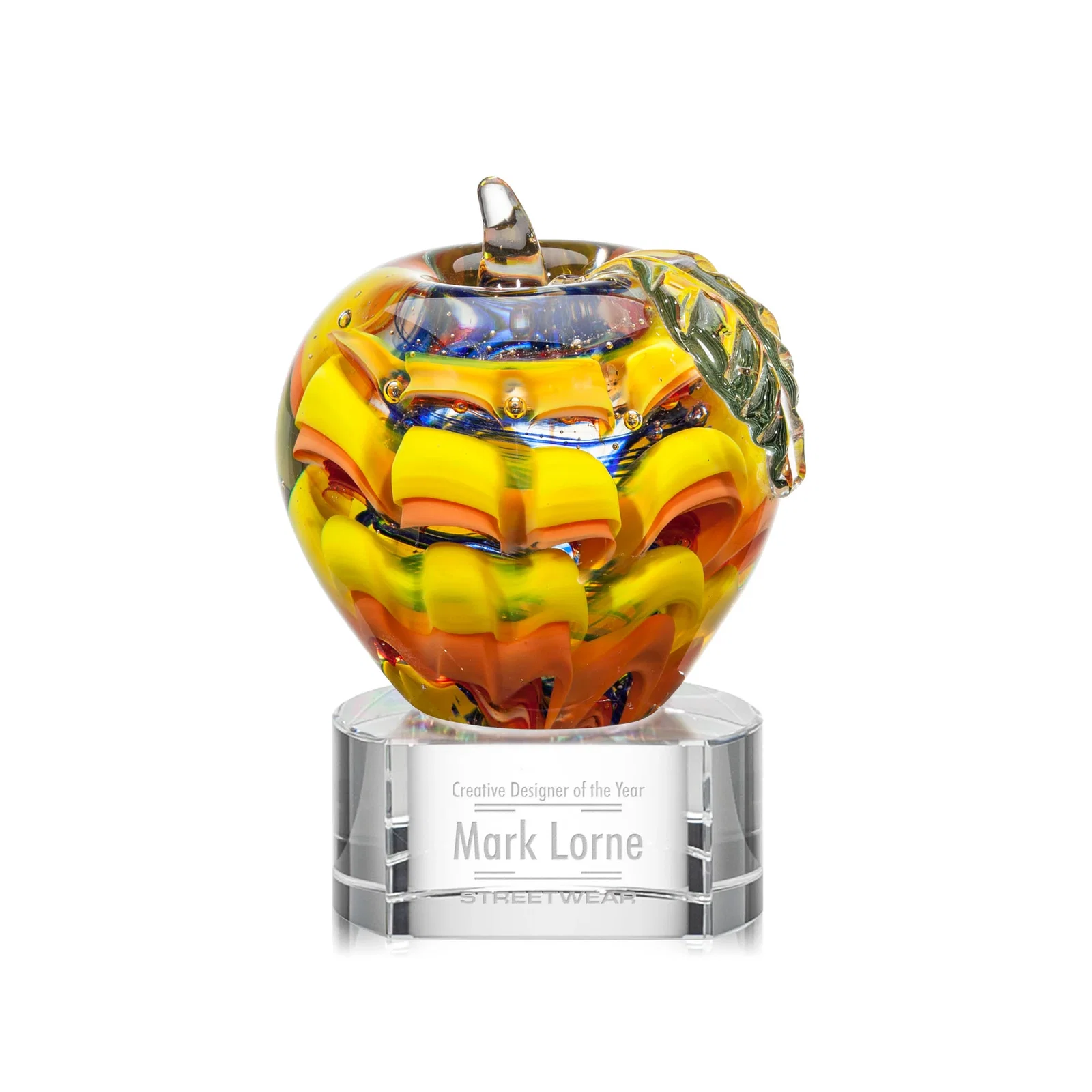 Custom Orange and Yellow Frosted Glass Apple Award on Optical Base for service anniversary gifts