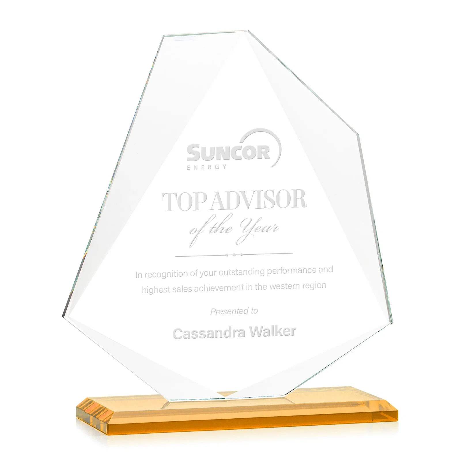 Personalized Jade Glass Polygon Award With Full-Perimeter Bevel for sales achievement awards