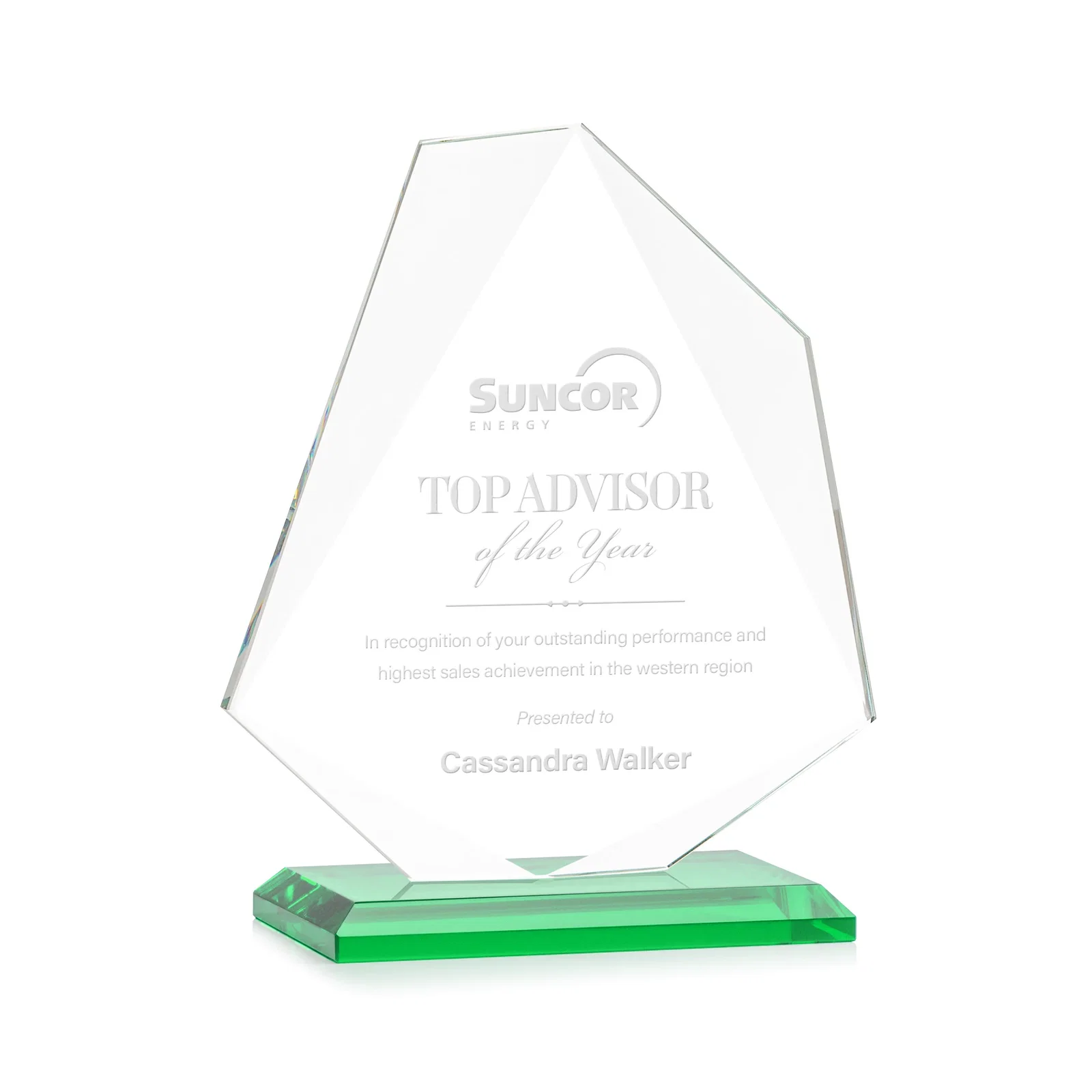 Personalized Jade Glass Polygon Award With Full-Perimeter Bevel for donor appreciation