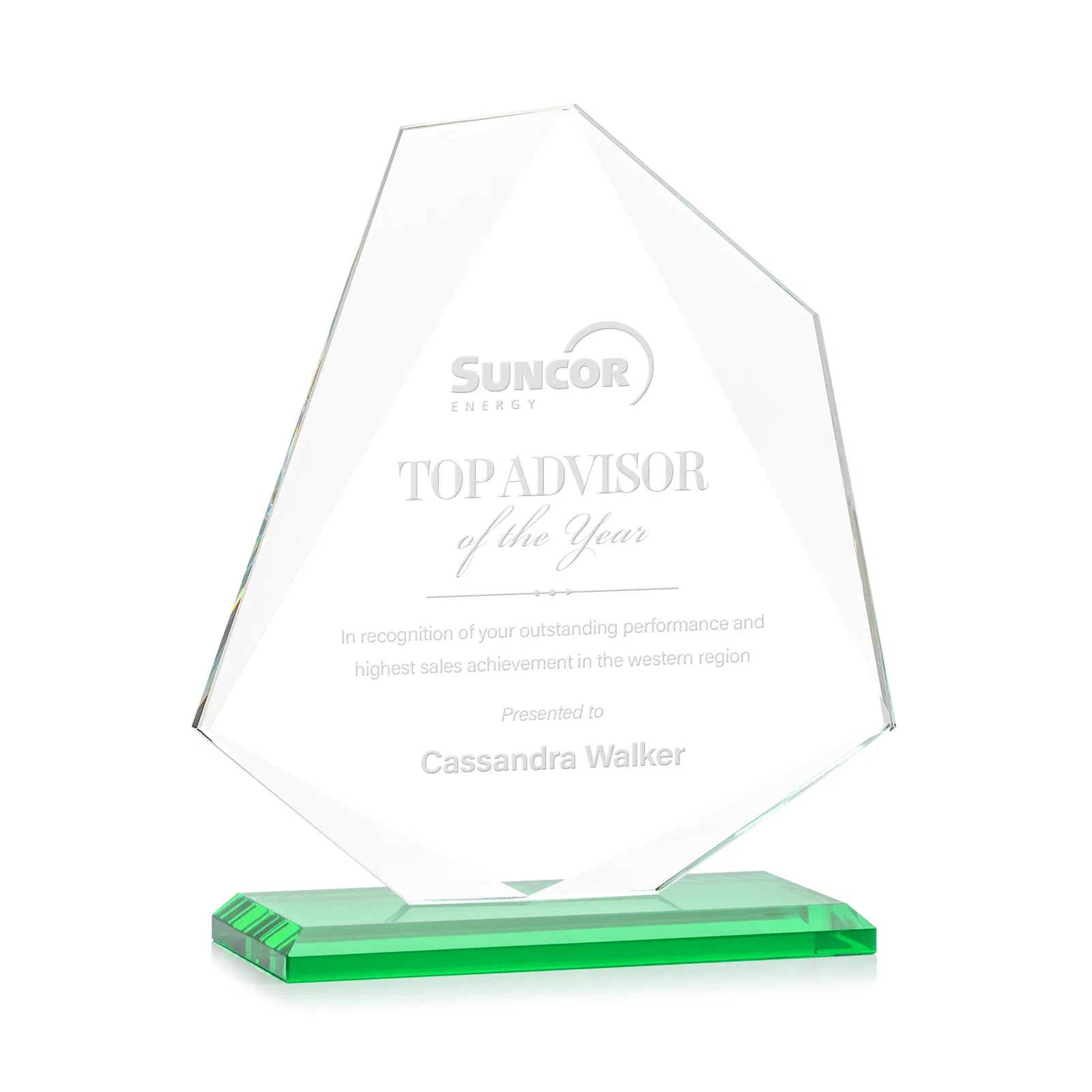 Personalized Jade Glass Polygon Award With Full-Perimeter Bevel for graduation ceremonies