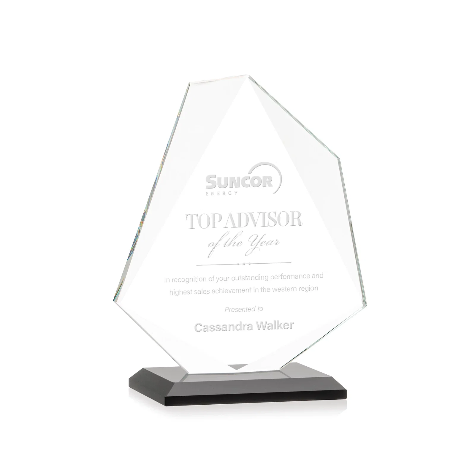 Personalized Jade Glass Polygon Award With Full-Perimeter Bevel for dealer and partner awards