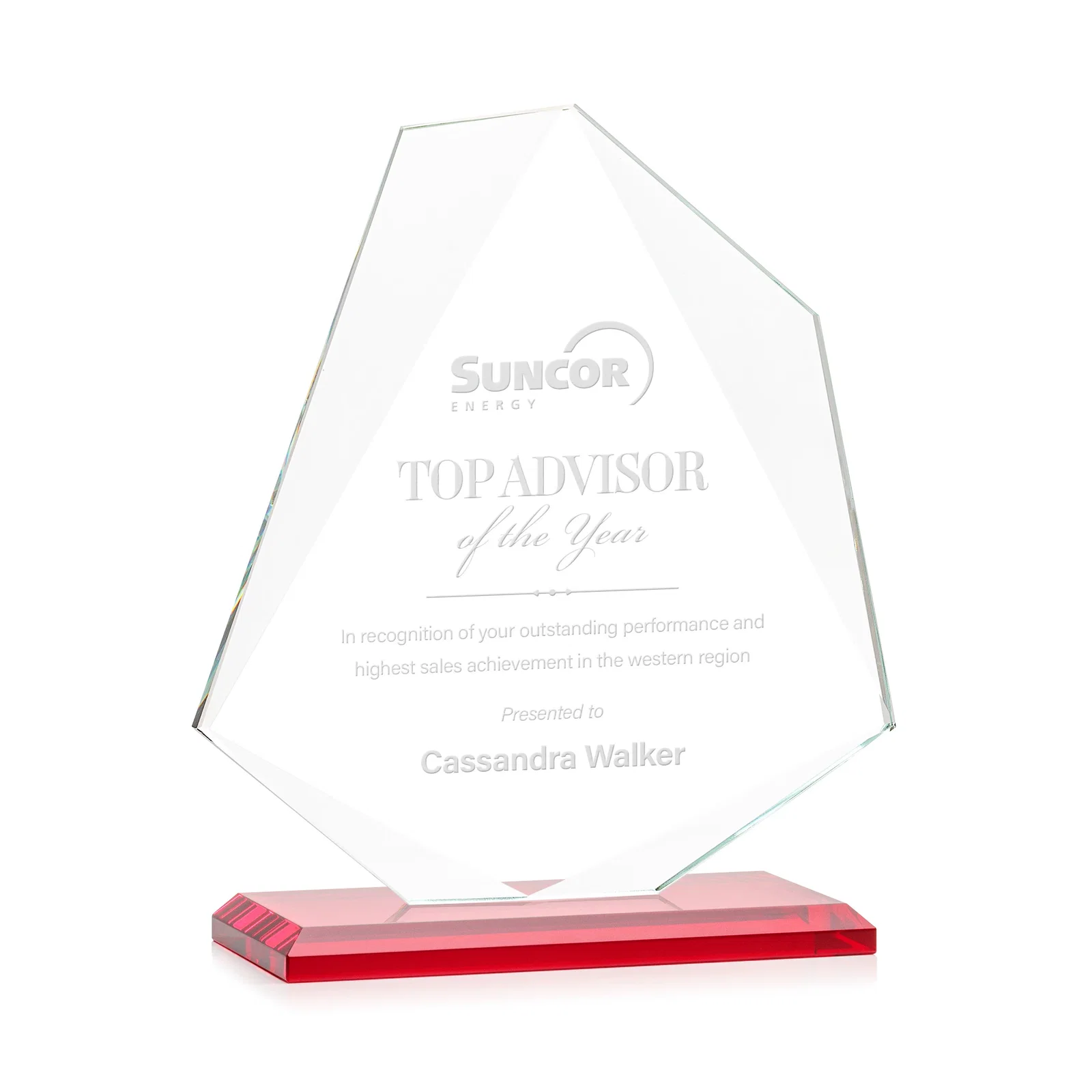 Branded Jade Glass Polygon Award With Full-Perimeter Bevel for sales achievement awards