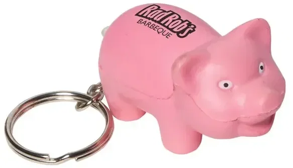 Pig Stress Reliever Key Chain, a branded plump-pig squeeze toy keyring for clipping a custom logo onto bags