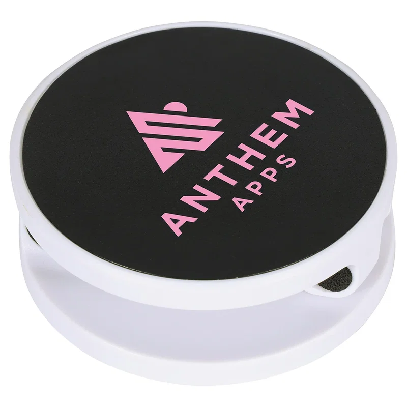 Pillar Magnetic Collapsible Phone Stand holding a smartphone, branded phone stand in use