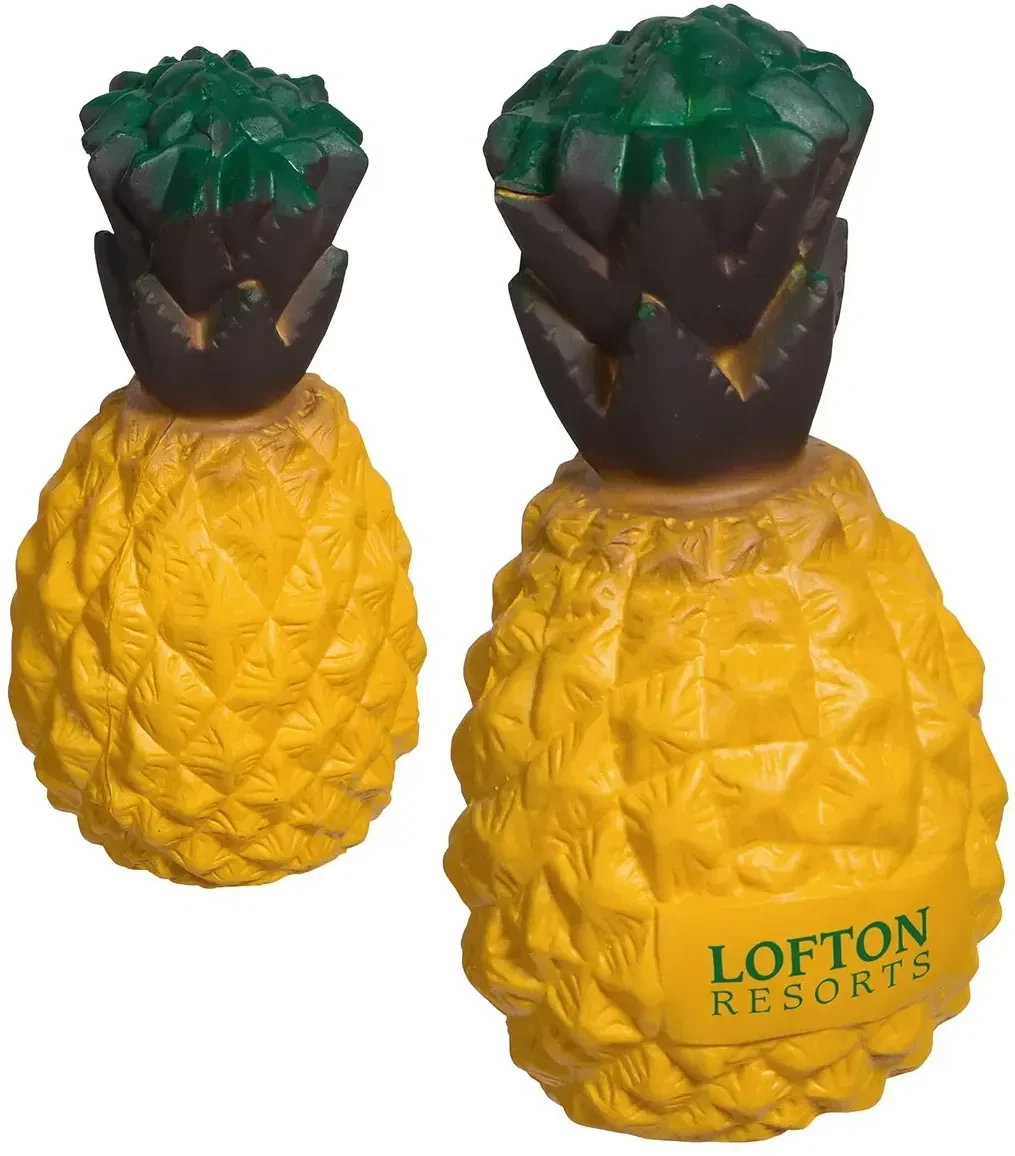Pineapple custom stress reliever, leafy tropical squeeze toy branded with logo, front view
