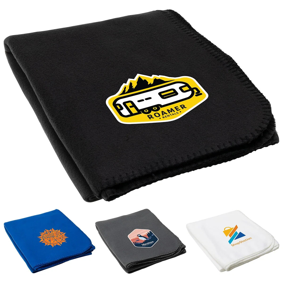 Custom Pinnacle RPET Polar Fleece Blanket, front view showing the first imprint option