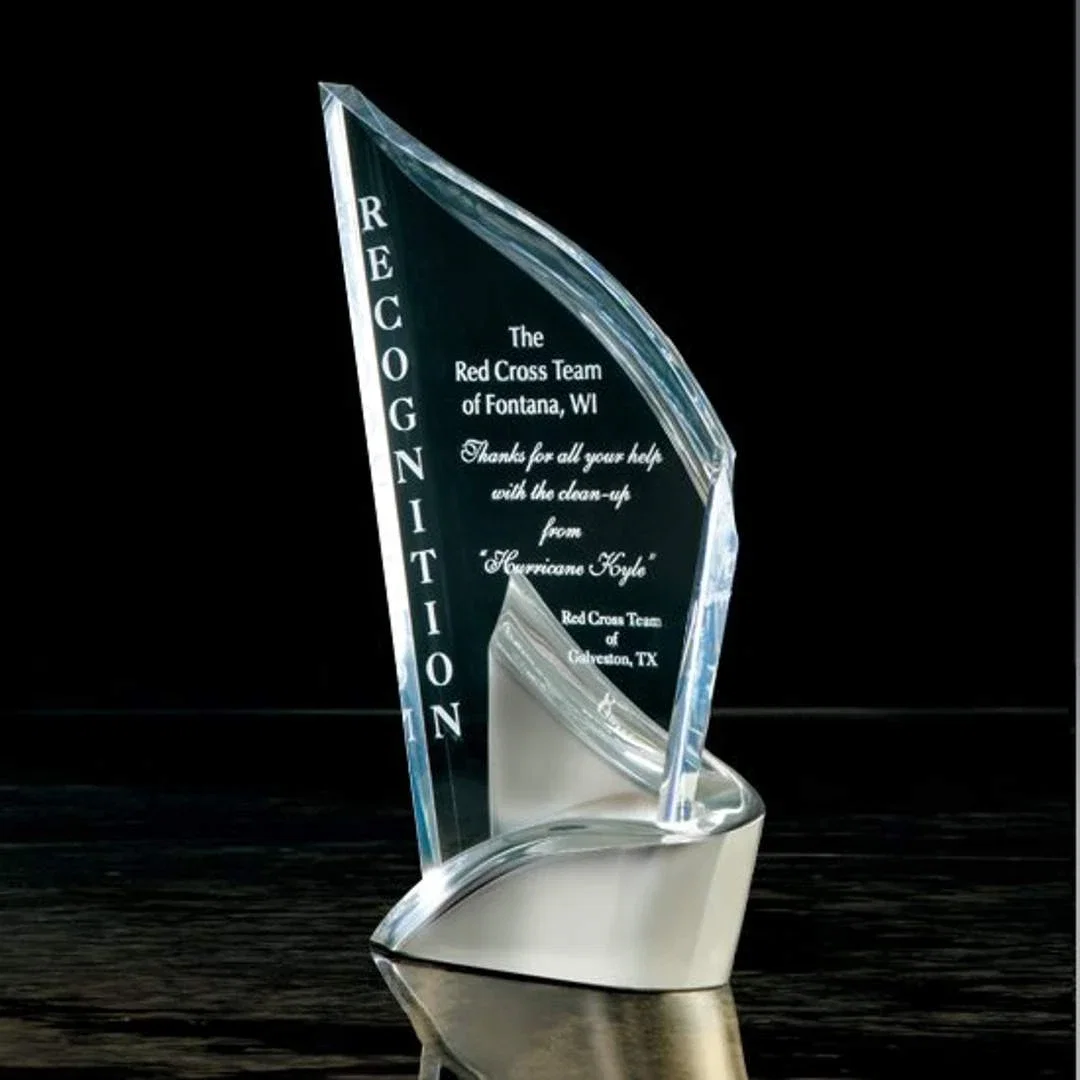 Custom Acrylic Award with Cove-Edge Bevel on Twisted Nickel Base for employee recognition