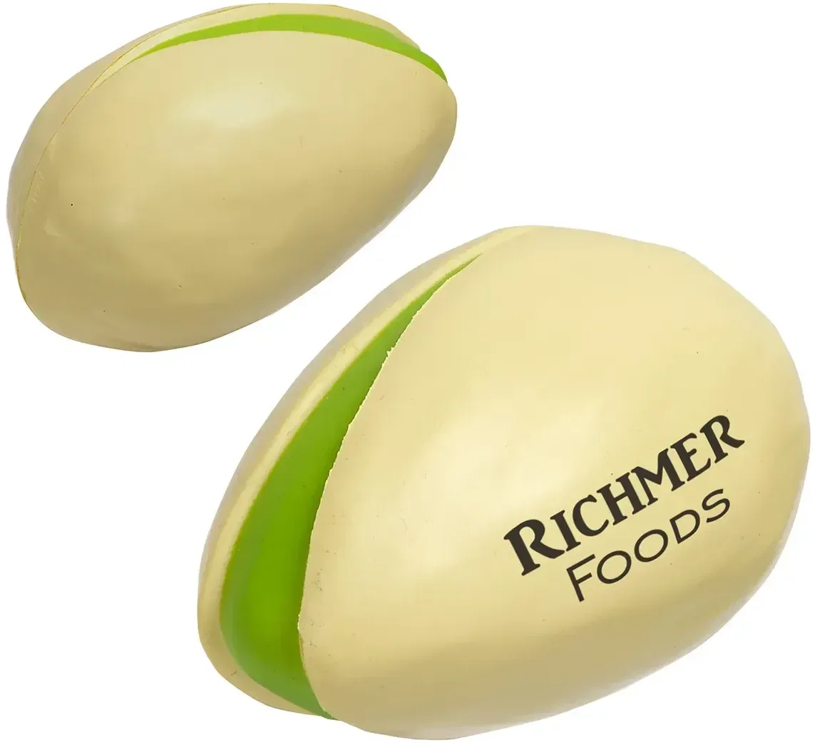 Pistachio Stress Reliever, a custom split-shell nut squeeze toy for logo-branded snack promotions