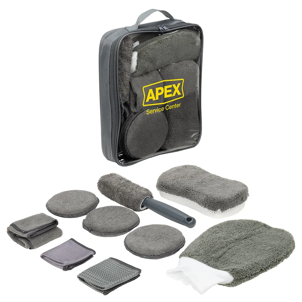 Custom Pit Crew 9-Piece Car Wash Detailing Kit, group shot of all nine included pieces