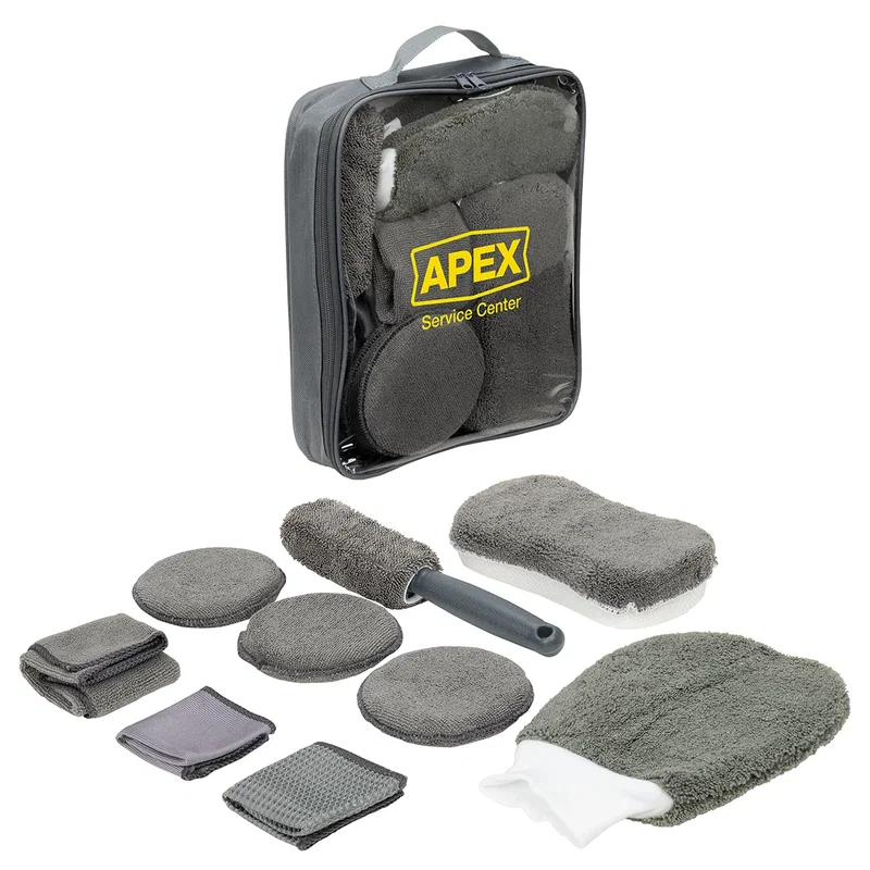 Custom Pit Crew 9-Piece Car Wash Detailing Kit, group shot of all nine included pieces
