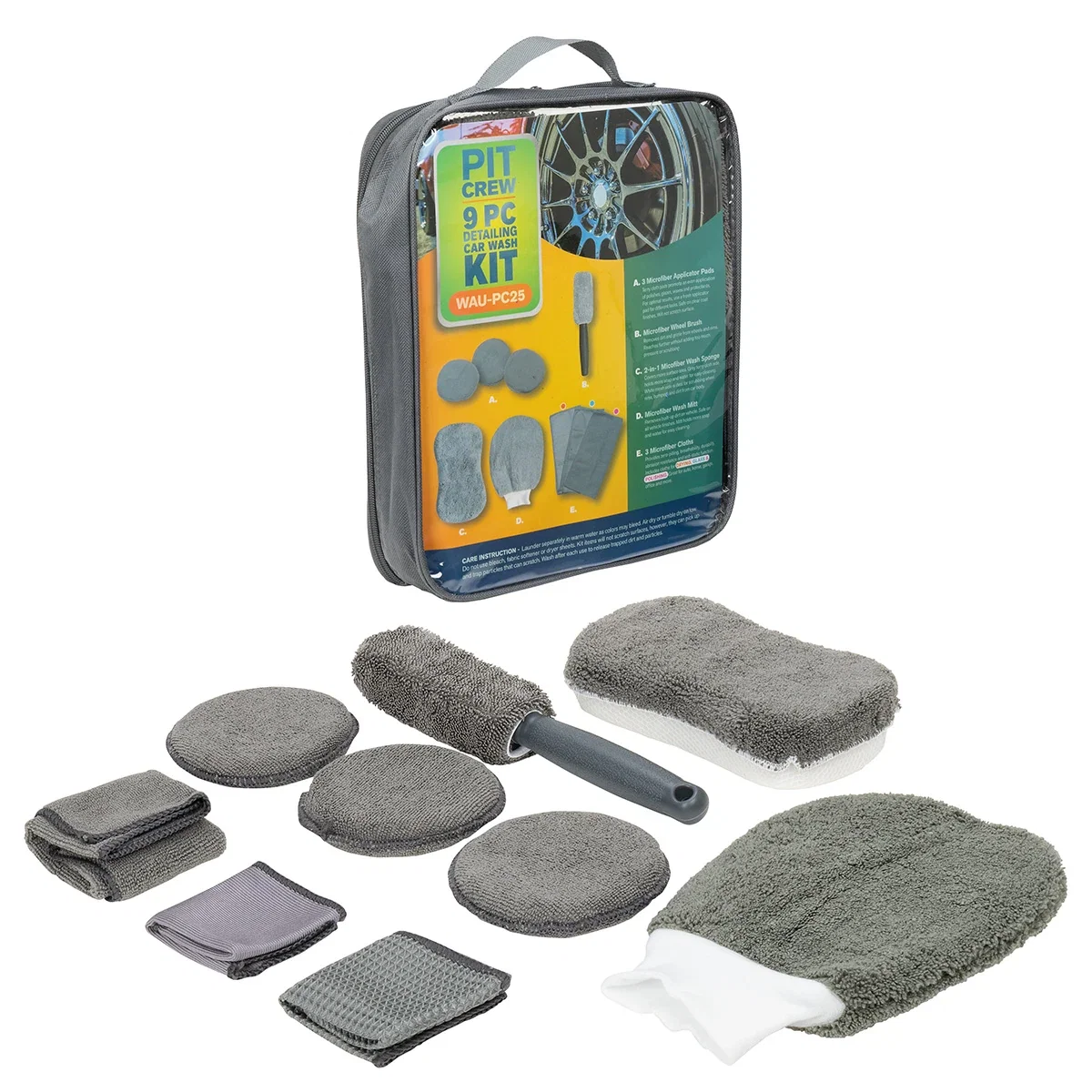 Close-up of the Pit Crew 9-Piece Car Wash Detailing Kit's microfiber towels and brushes