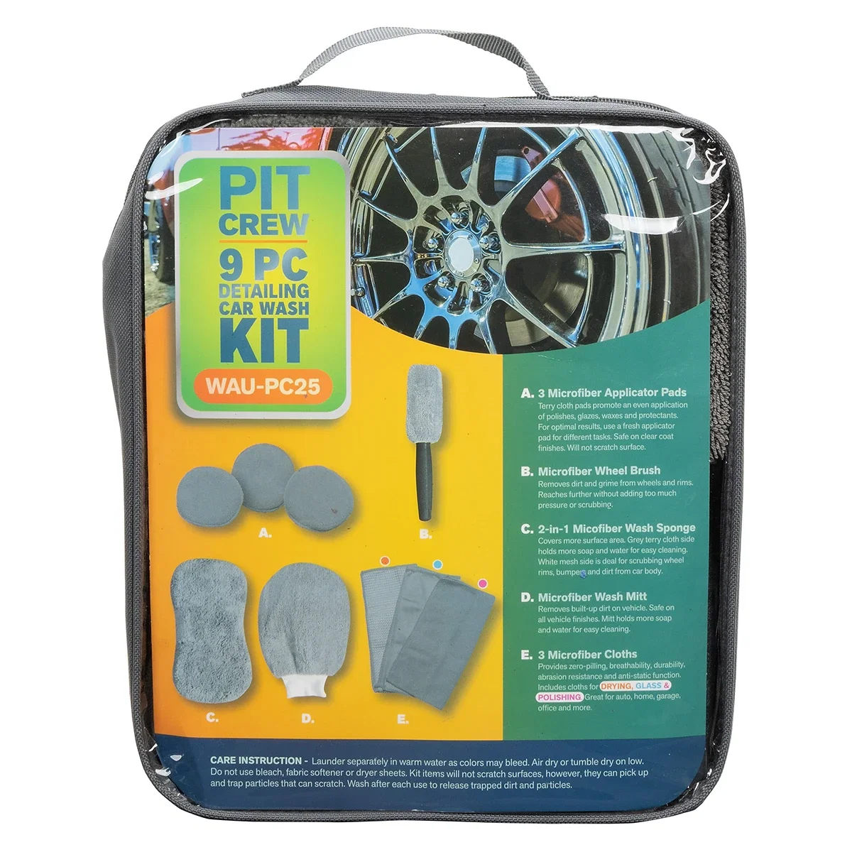 Pit Crew 9-Piece Car Wash Detailing Kit packed in its carrying tote