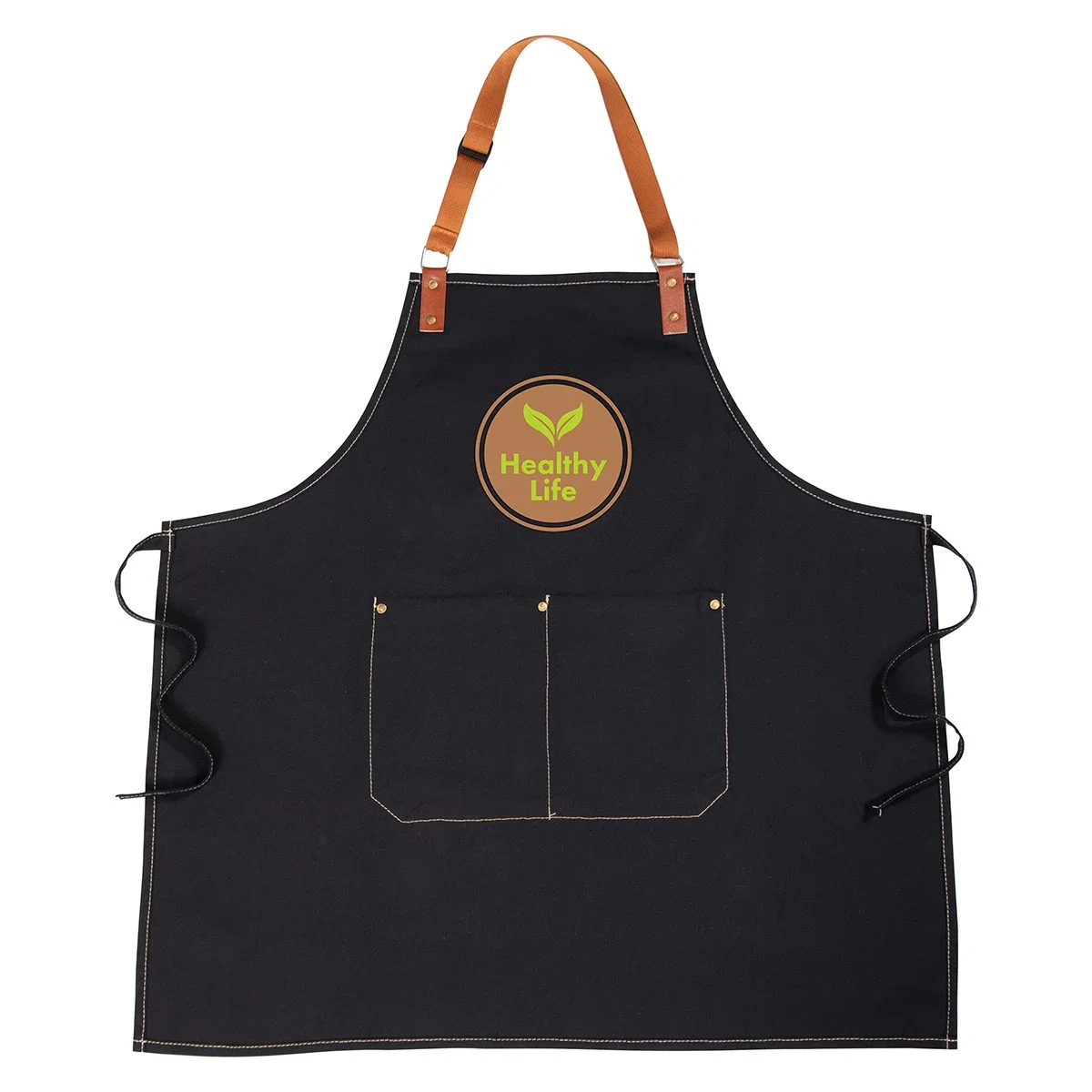 Promotional Pitmaster Recycled Cotton Apron worn while grilling, branded apron lifestyle shot