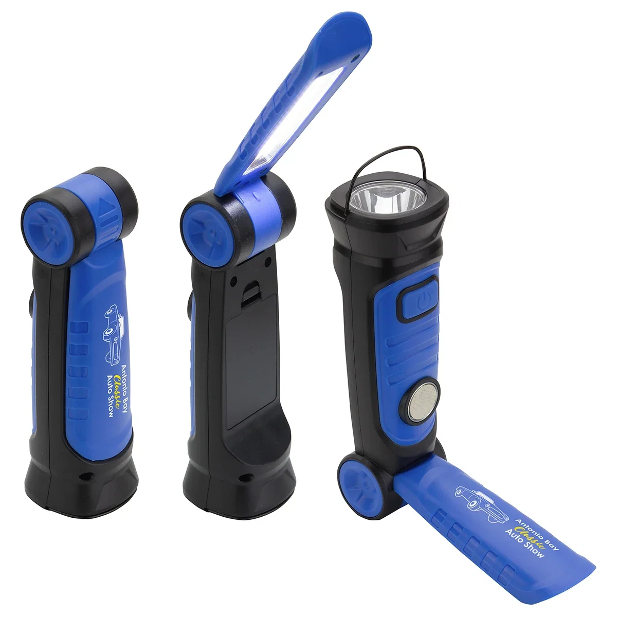 Custom Pivot COB worklight in use lighting a tight workspace, branded promotional light shot