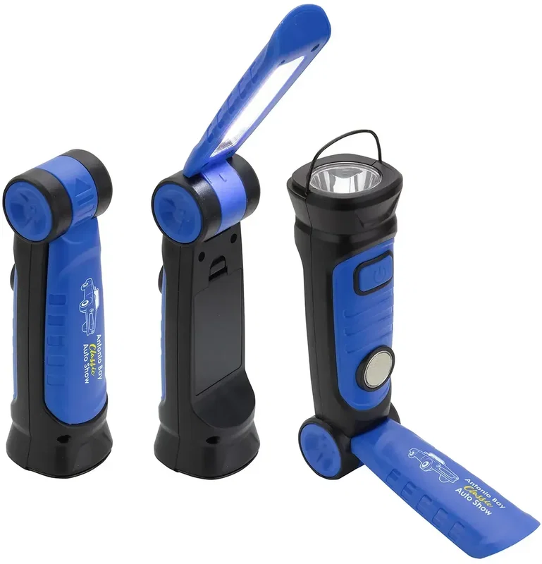 Promotional Pivot adjustable worklight standing on its base, custom branded light detail