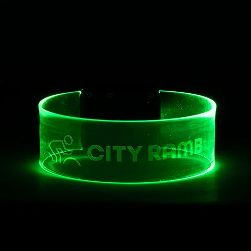 Promotional Pixie light-up wristband, side profile of custom branded glowing LED band