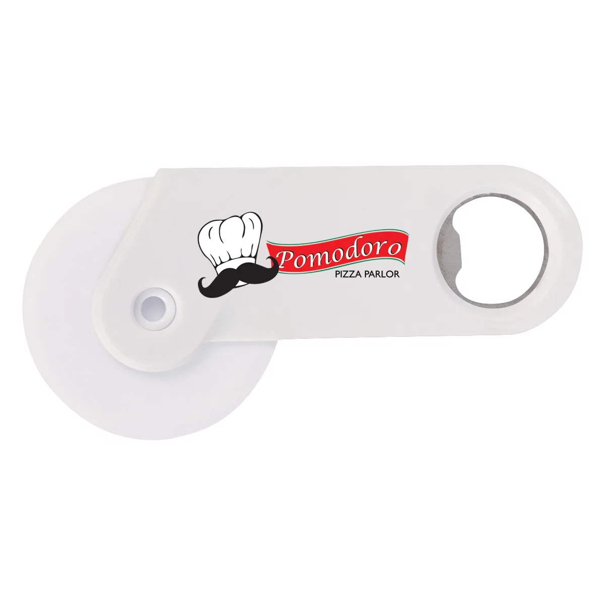 Pizza cutter with a built-in bottle opener on the handle end