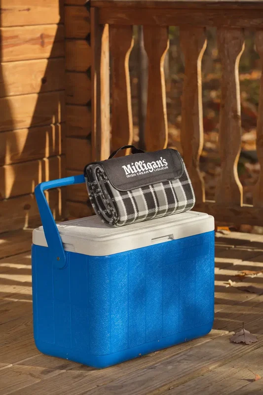 Logo roll-up picnic blanket showing buckle carry handle