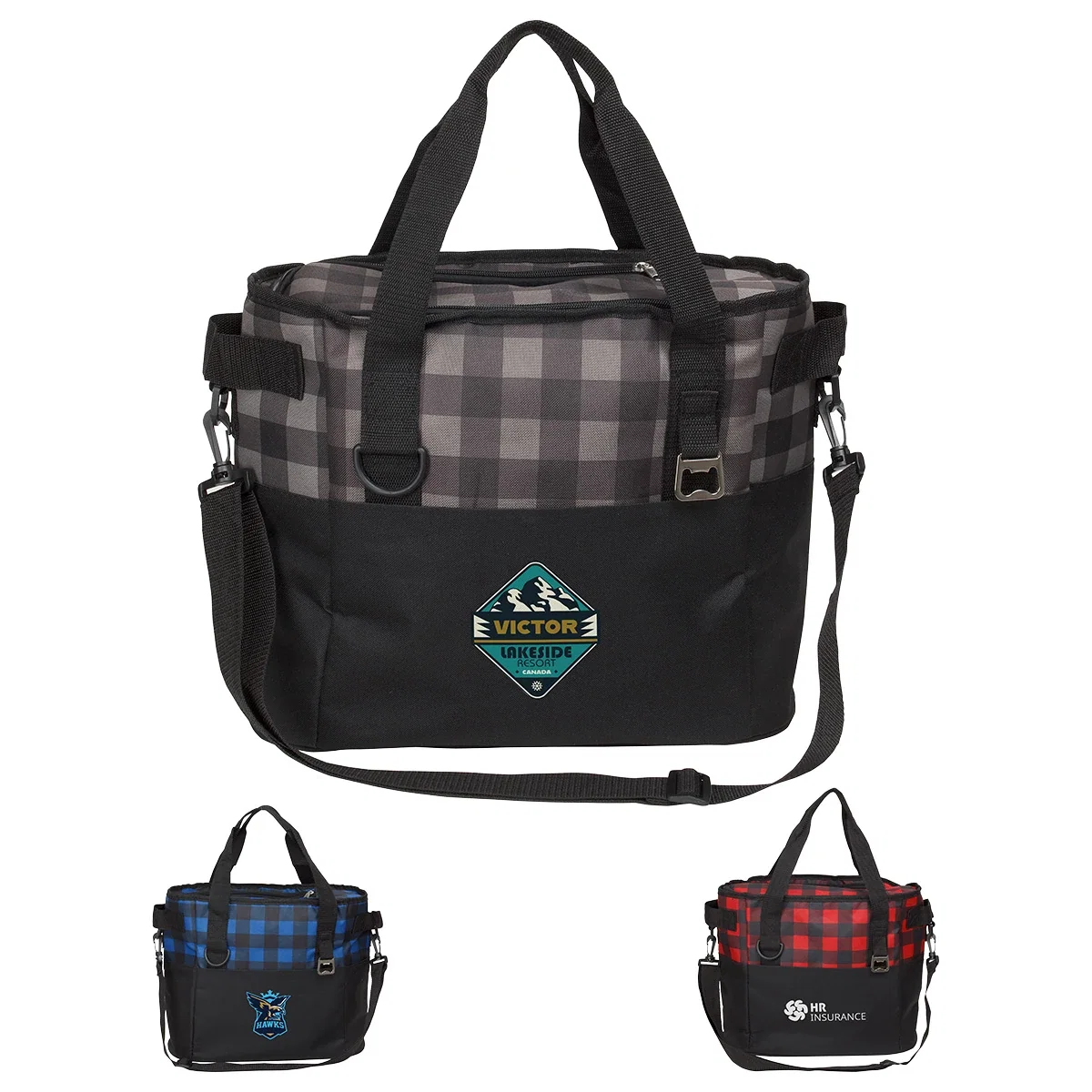 Custom Plaid Insulated Cooler Bag, front view of the branded cooler bag