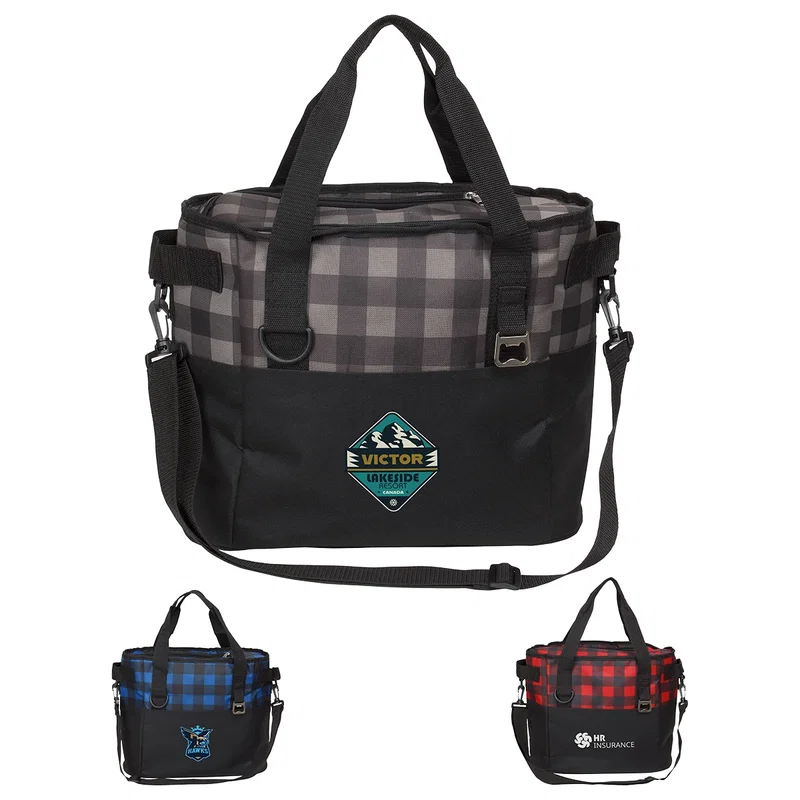 Custom Plaid Insulated Cooler Bag, front view of the branded cooler bag