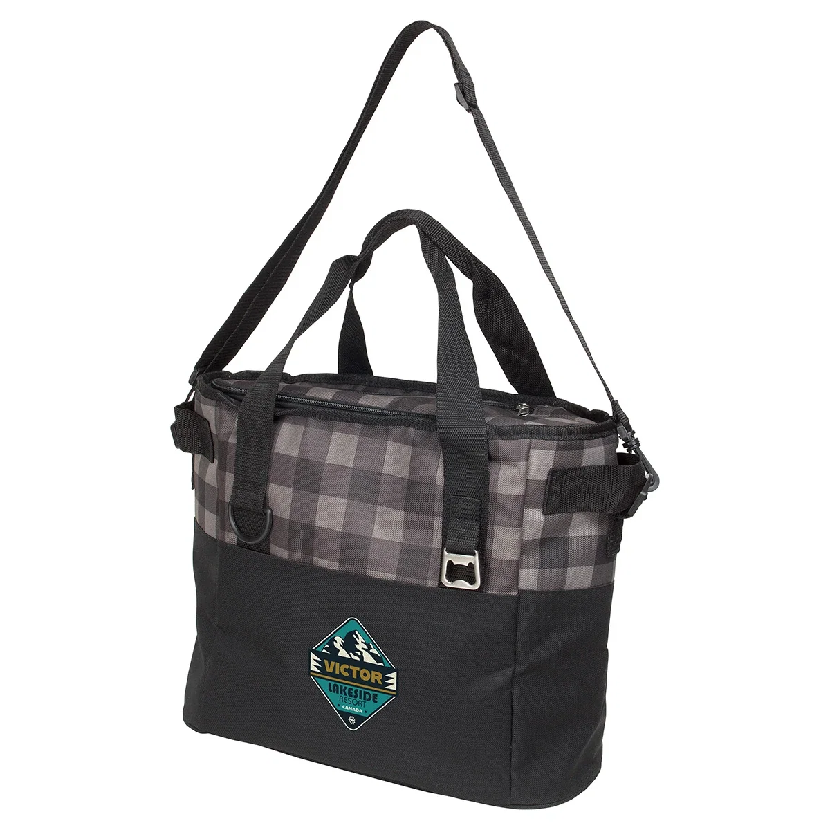 Close-up of the custom Plaid Insulated Cooler Bag's logo imprint area