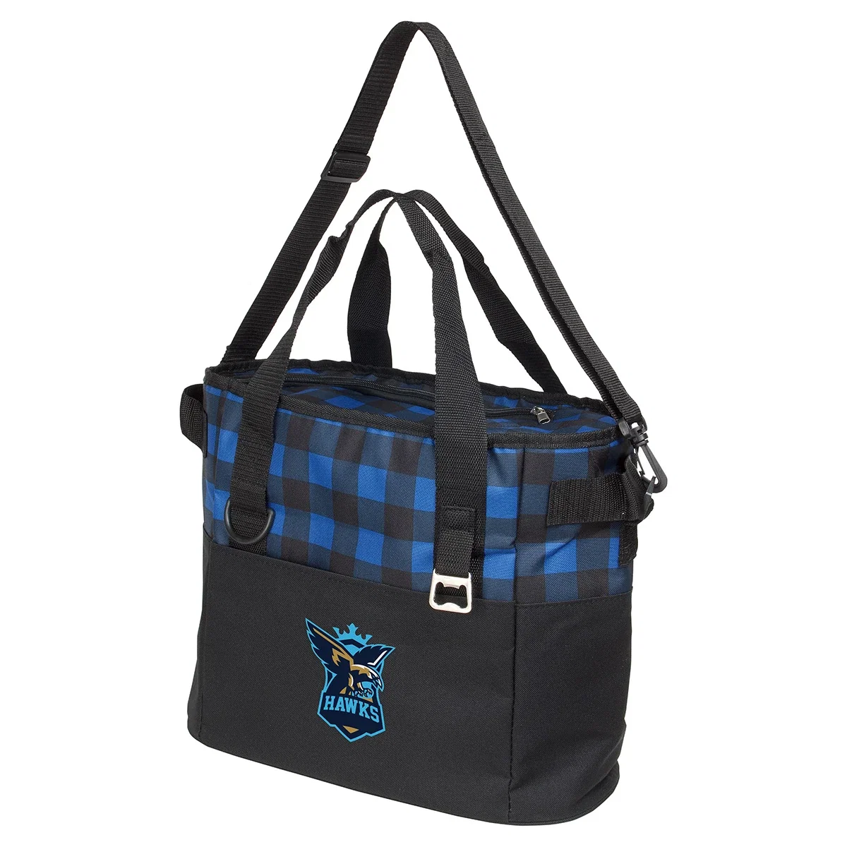 Promotional Plaid Insulated Cooler Bag packed with drinks, cooler bag in use