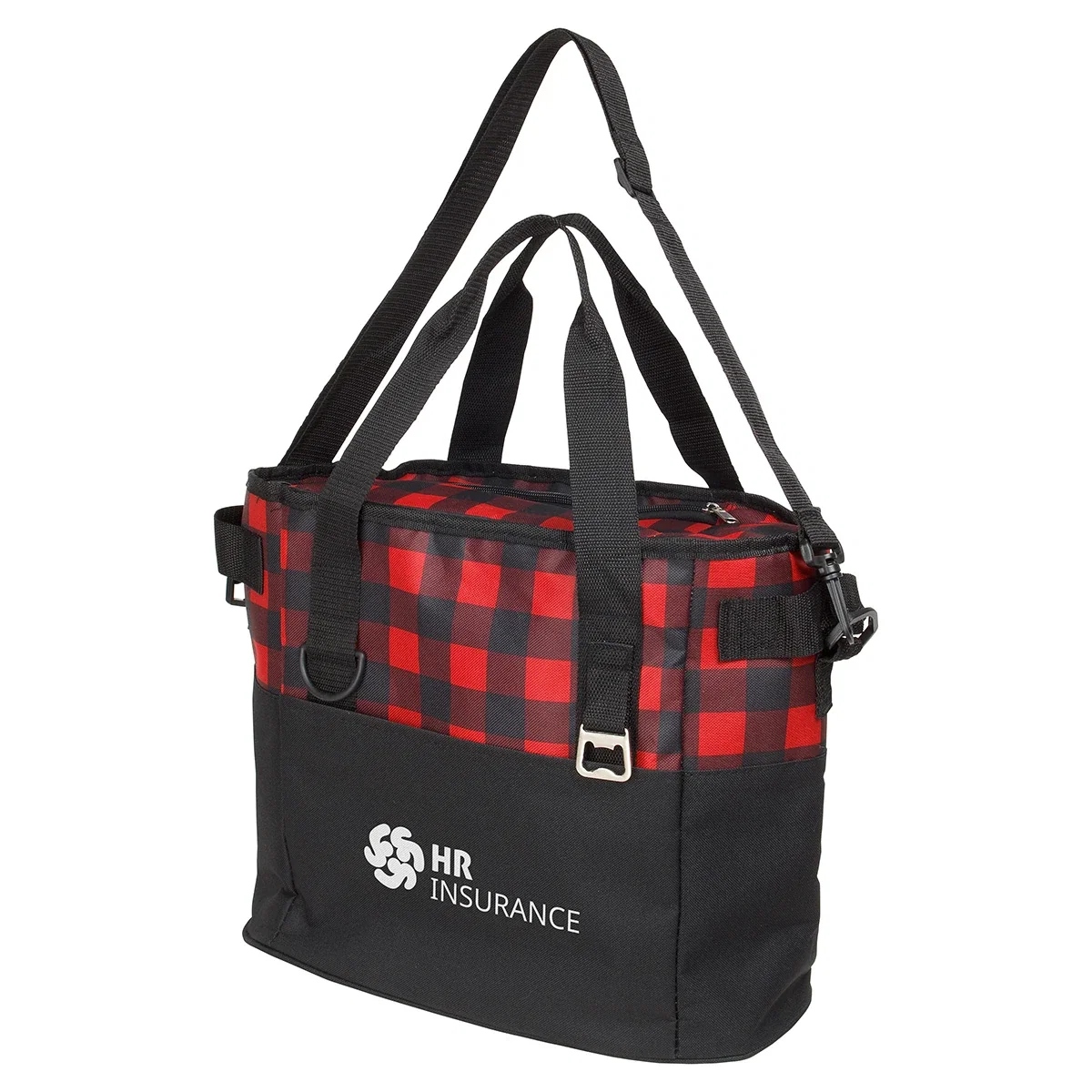 Side profile of the branded Plaid Insulated Cooler Bag showing the plaid pattern